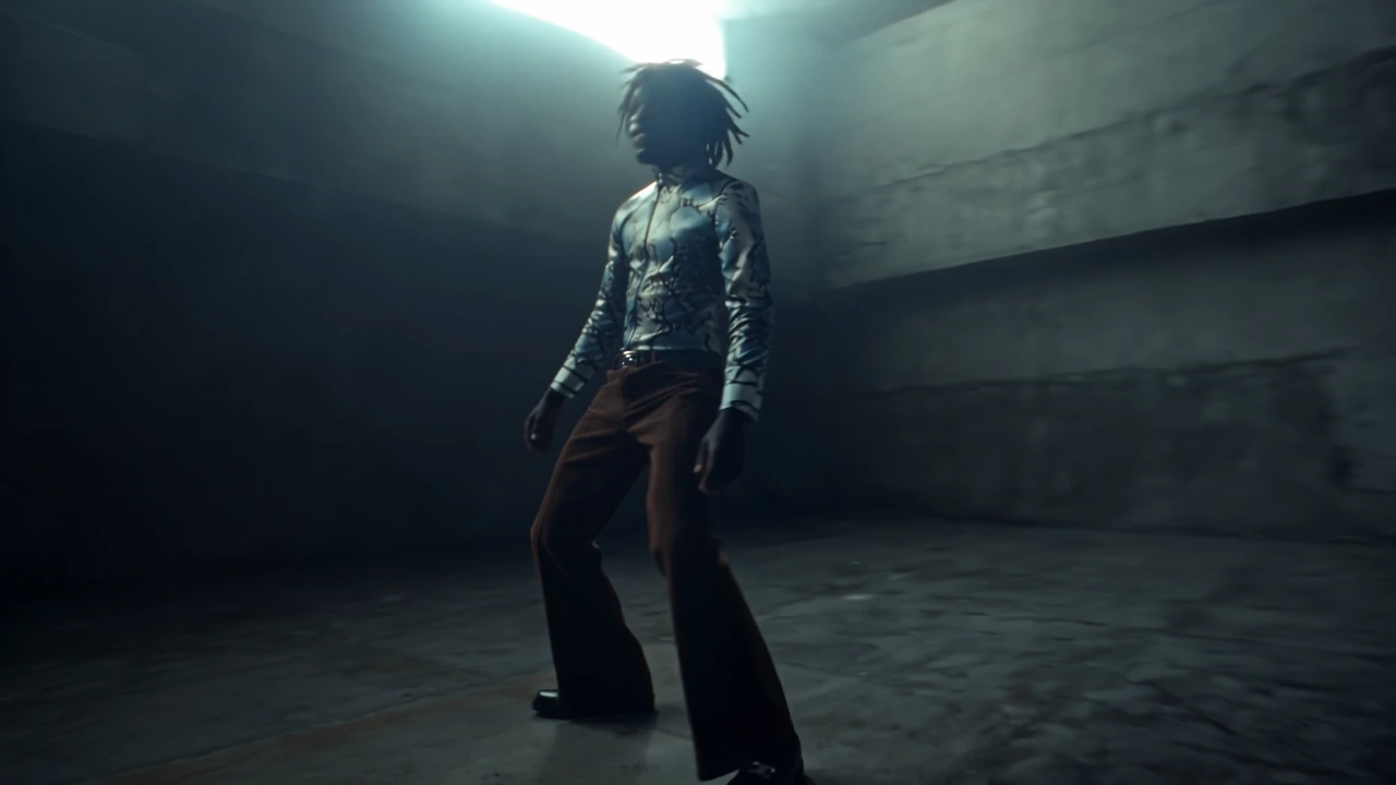 A dancer in a patterned shirt moves beneath shafts of light in a concrete room.