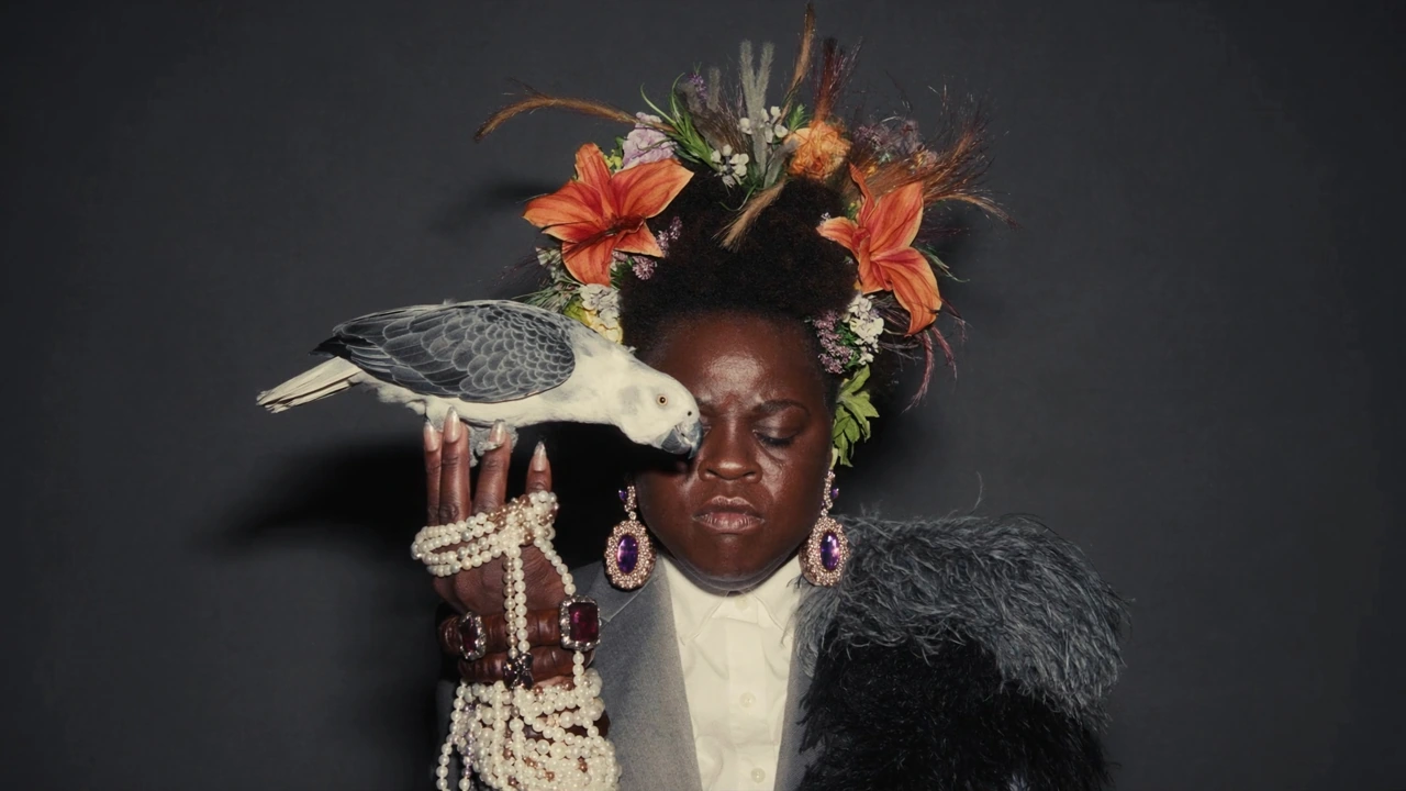 A flower-crowned woman holding a white and gray bird, wearing pearls and vivid jewelry.