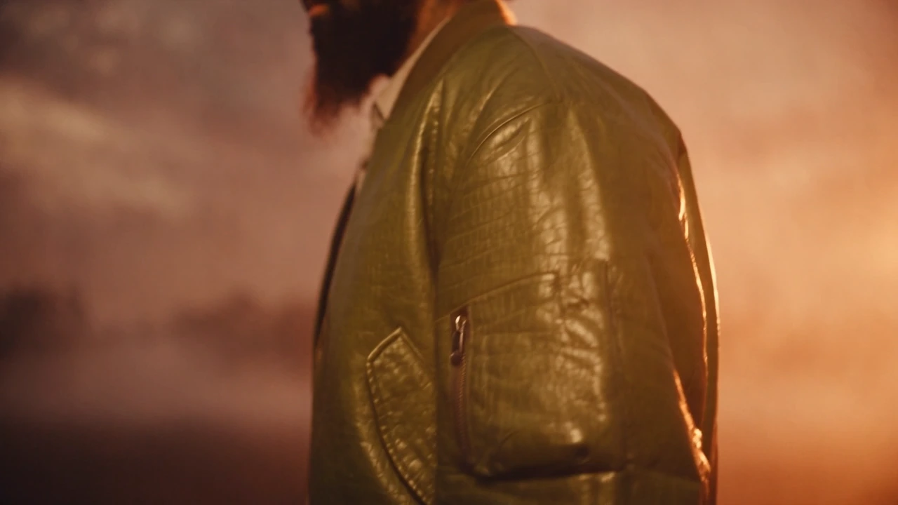 A figure in a golden jacket moves through warm orange light.