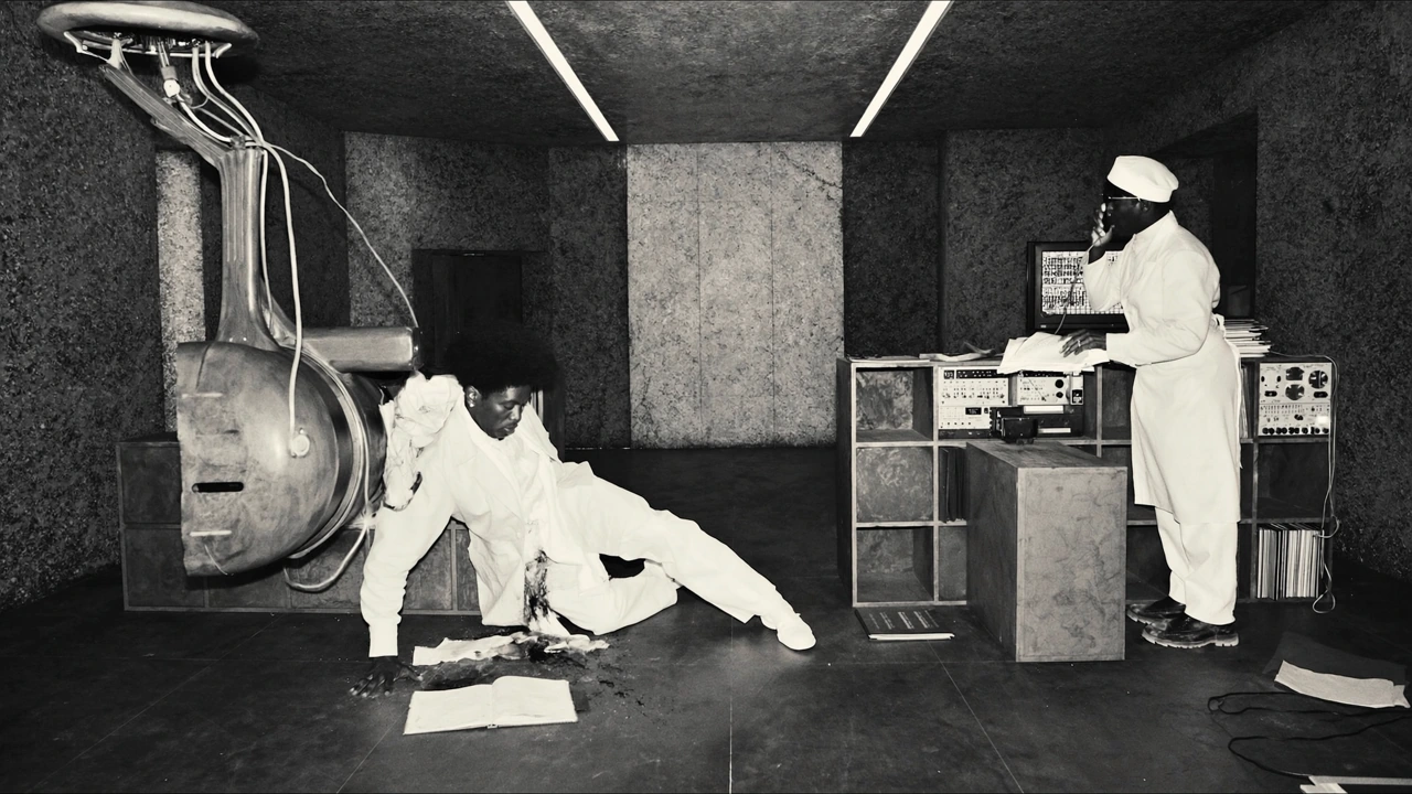 Two figures dressed in white in a monochrome room with unusual scientific equipment.