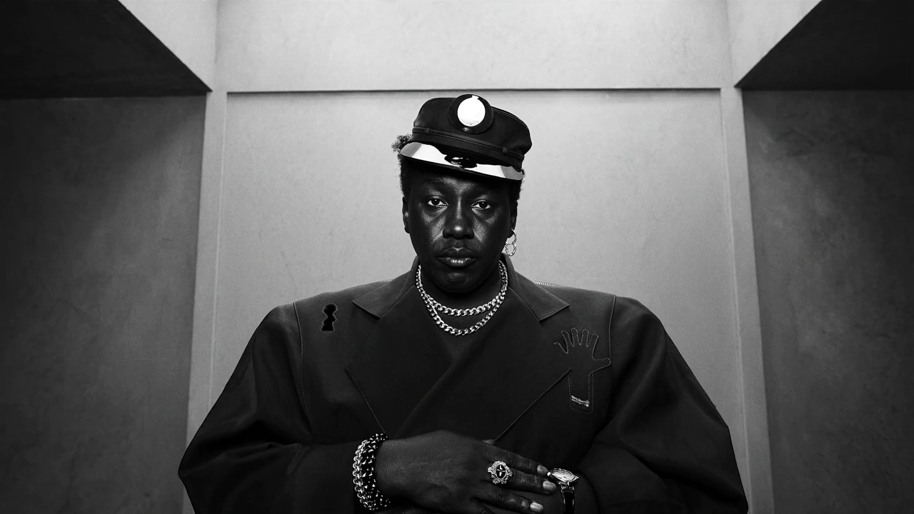 A black-and-white portrait of a figure in a dark cap and jacket with silver jewelry.