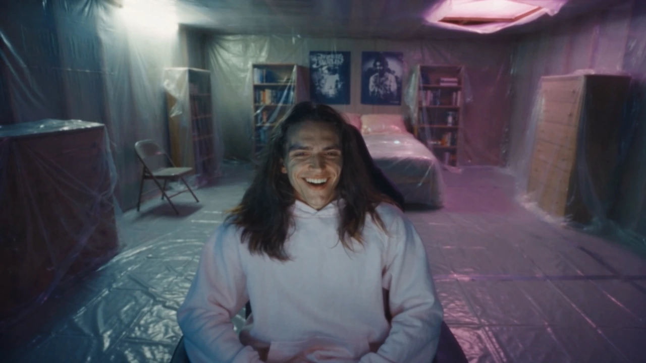 A long-haired figure in a white hoodie sits in a room lit by blue and pink light in No Justice No More Peace.