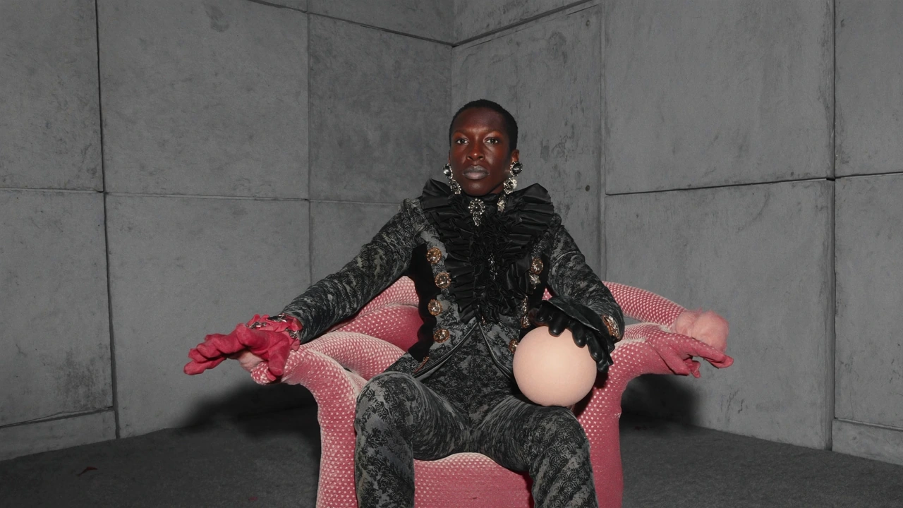A figure in ornate black clothing sits in a pink sculptural chair, holding a pale egg.