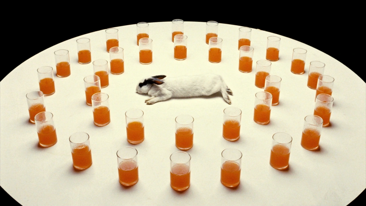 A white rabbit surrounded by glasses of orange juice on a round cream table.