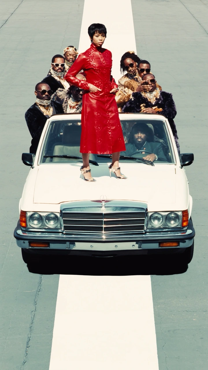 A woman in a red coat stands on a white car surrounded by men wearing jewelry.