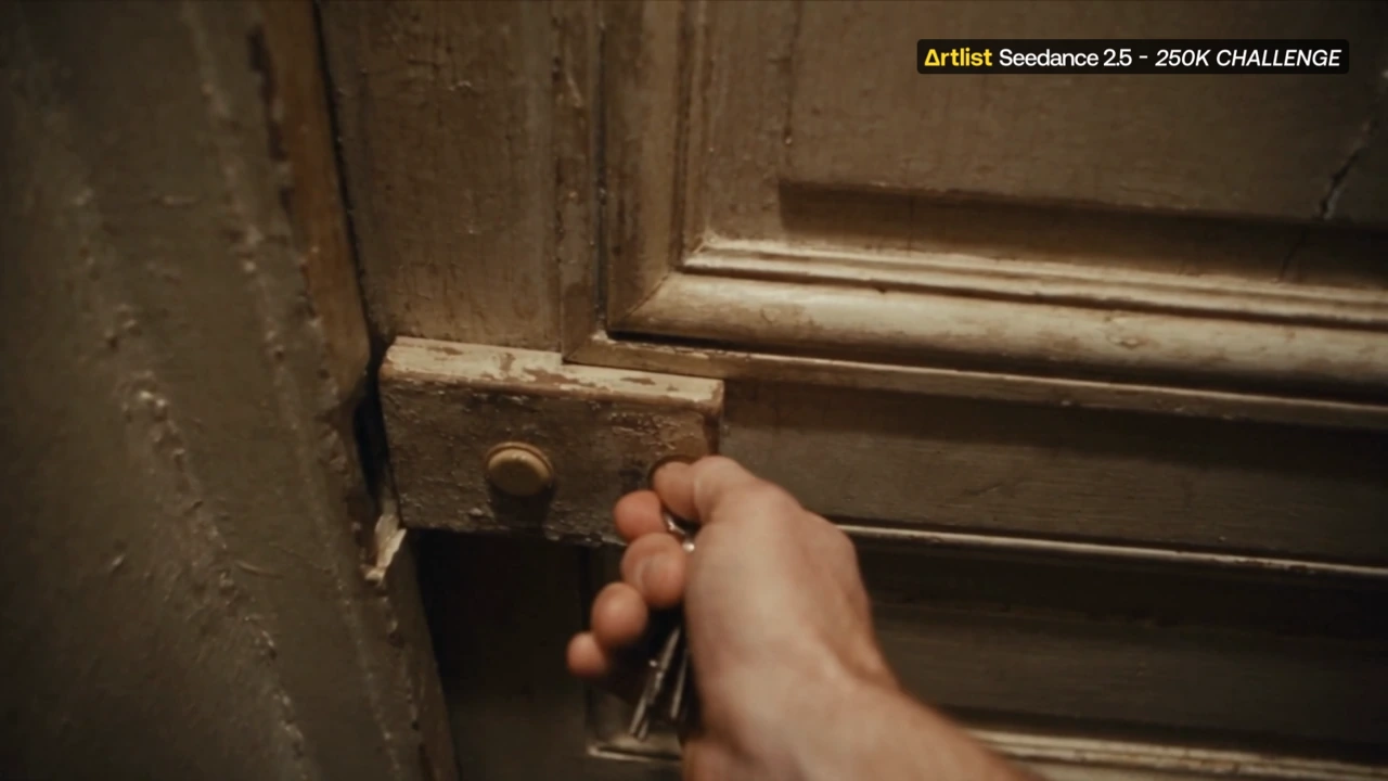 A hand opens an old wooden door in the supplied Seedance film.