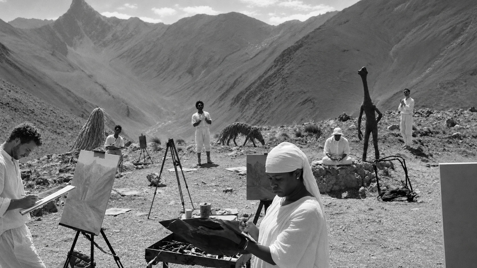 White-clad figures and unusual creatures populate an arid mountain landscape.